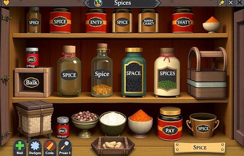 Spice Master Adventure Warehouse Spice Master Adventure showing a player's spice warehouse with various spices stored in traditional containers
