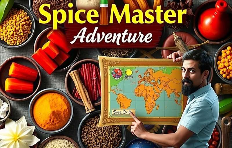 Spice Master Adventure Cover Art Spice Master Adventure game cover featuring a colorful display of Indian spices and a trader with a map