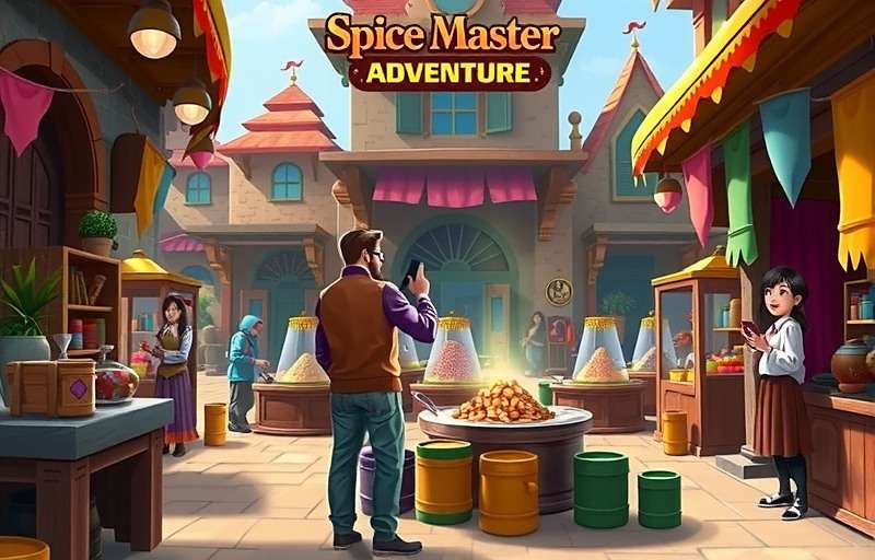 Spice Master Adventure Market Gameplay Spice Master Adventure gameplay showing a market scene with various spice merchants and customers